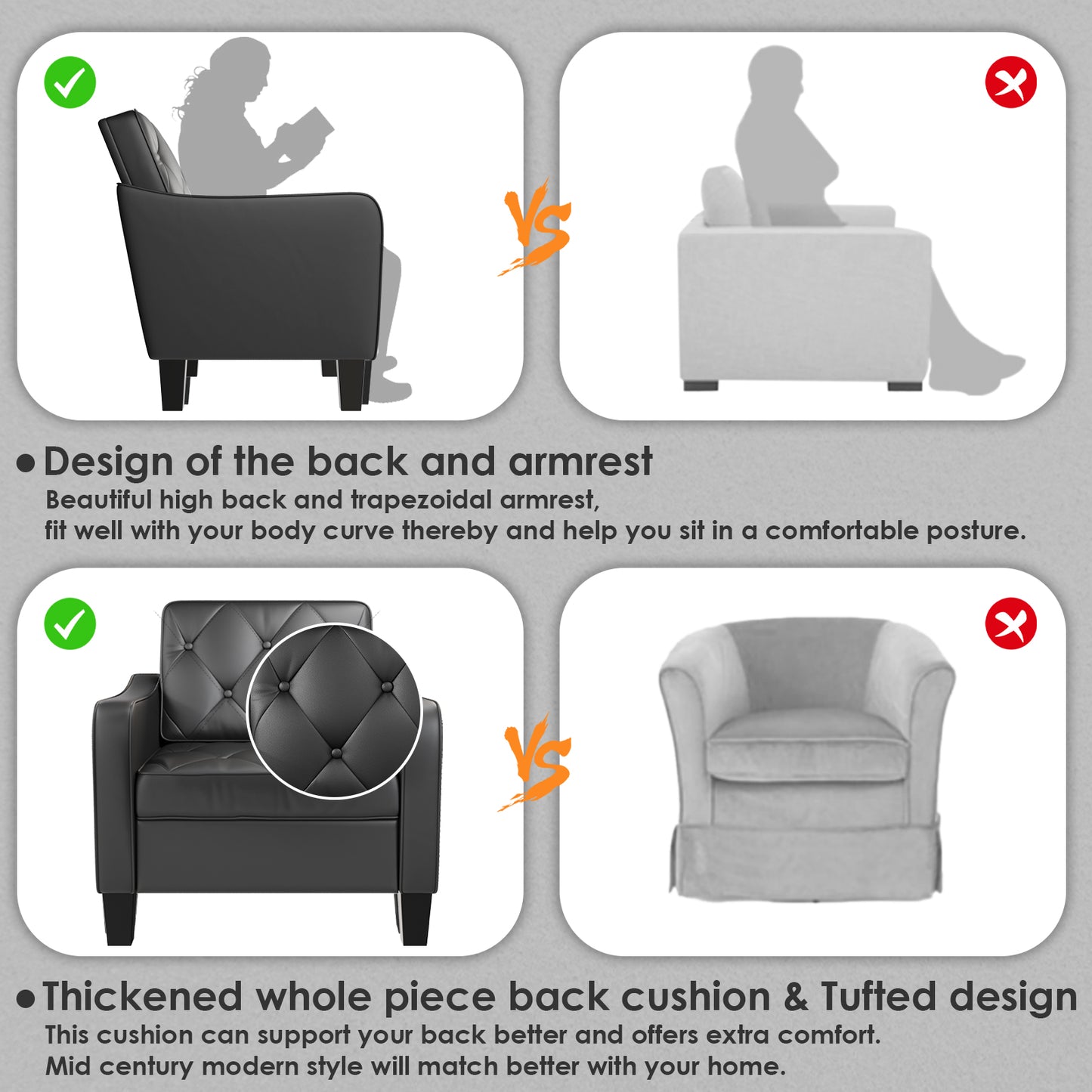STHOUYN Black Accent Chairs Set of 2, Mid-Century Modern Faux Leather Armchair, Upholstered Living Room Chair Tufted Back, Ergonomic Office Guest Reading Chair Waiting Room, 330LBS Capacity (2, Black)