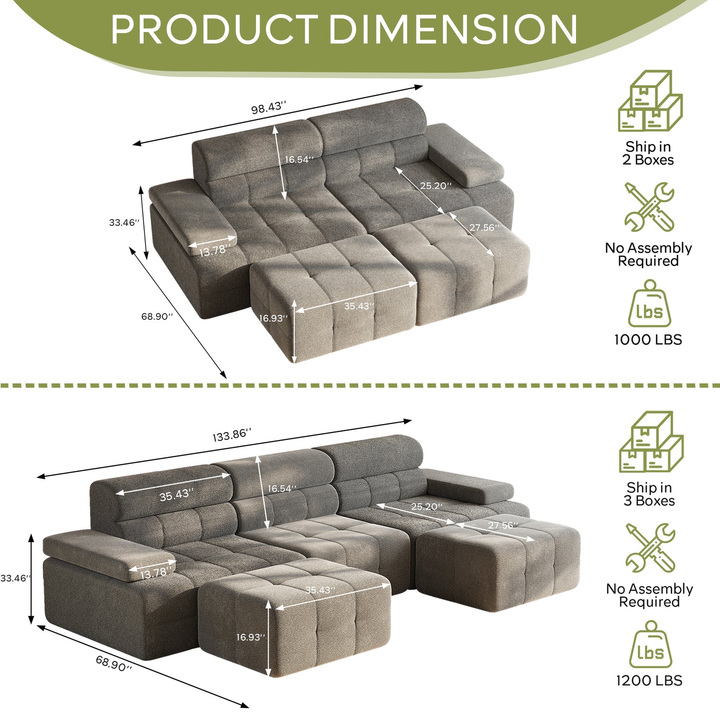 STHOUYN 134" Modular Cloud Sofa Sectional U Couch with Ottoman & Higher Backrest, Modern Boneless Couches for Living Room Set Corner Sofa (Grey, 134 Inches)