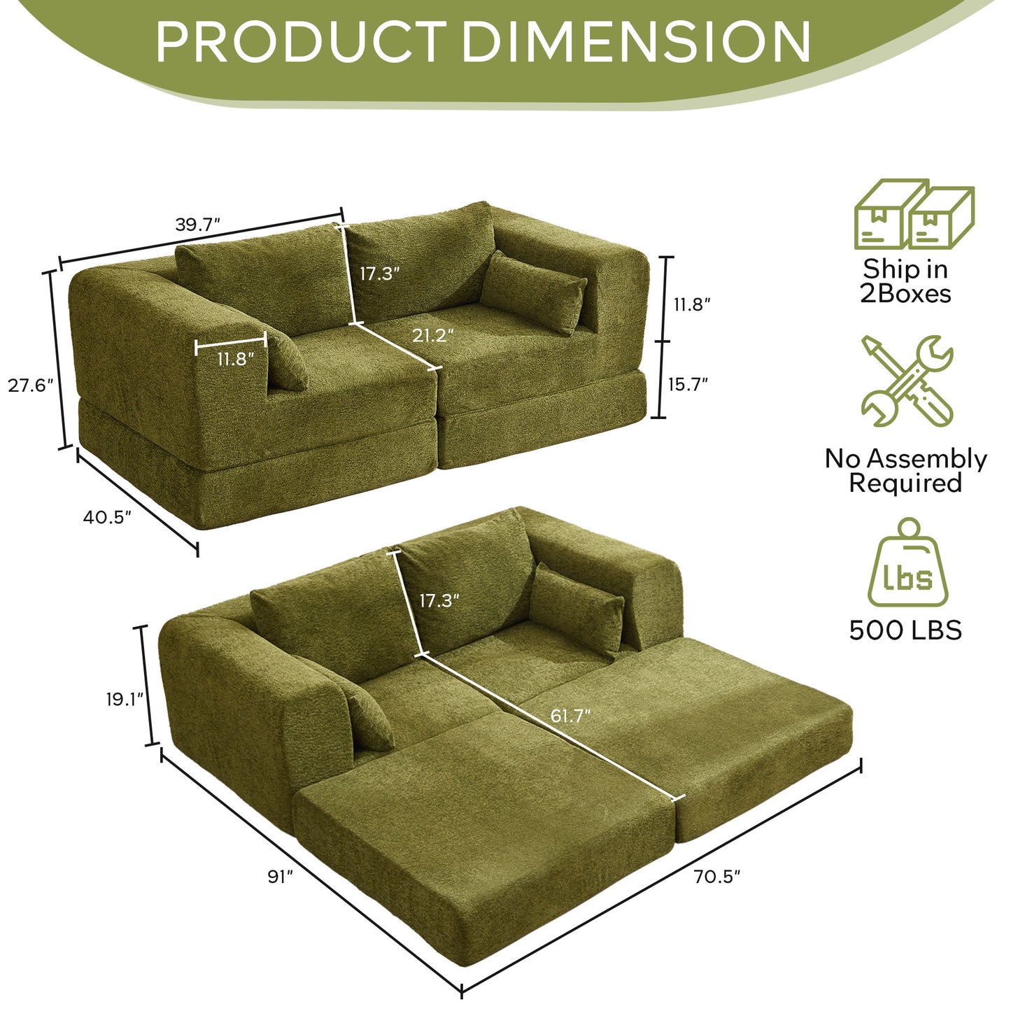 STHOUYN 79" Chenille Folding Convertible Sleeper Sofa Bed Queen, Green Pull Out Floor Modular Couch with Pillow, Memory Foam Boneless Couchs Sectional for Living Room Bedroom (2, Green)