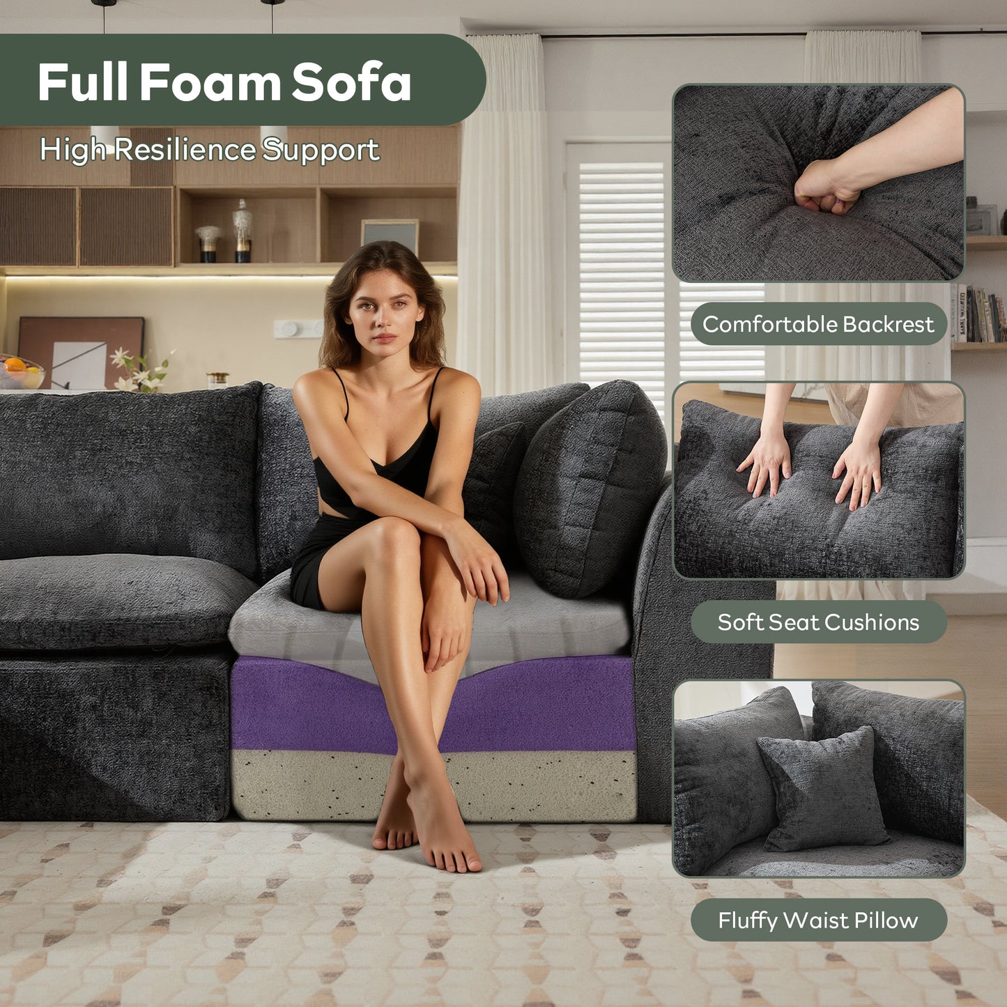 STHOUYN 113” Modern Grey Boneless Sectional Couches for Living Room, Grey Modular L Shape Cloud Sofa Couch with Ottoman, Comfy Big Oversized Corner Couch (Grey, 3 Seater + 1 Ottoman)