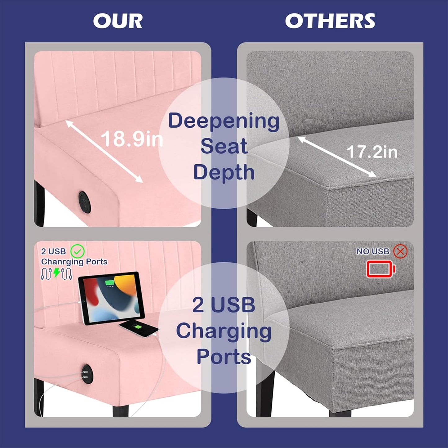 STHOUYN Mini Small Comfy Couch Armless Loveseat Sofa for Bedroom with USB Port, Velvet Small Couches for Small Spaces Living Room, Apartment Office Dorm (Pink)