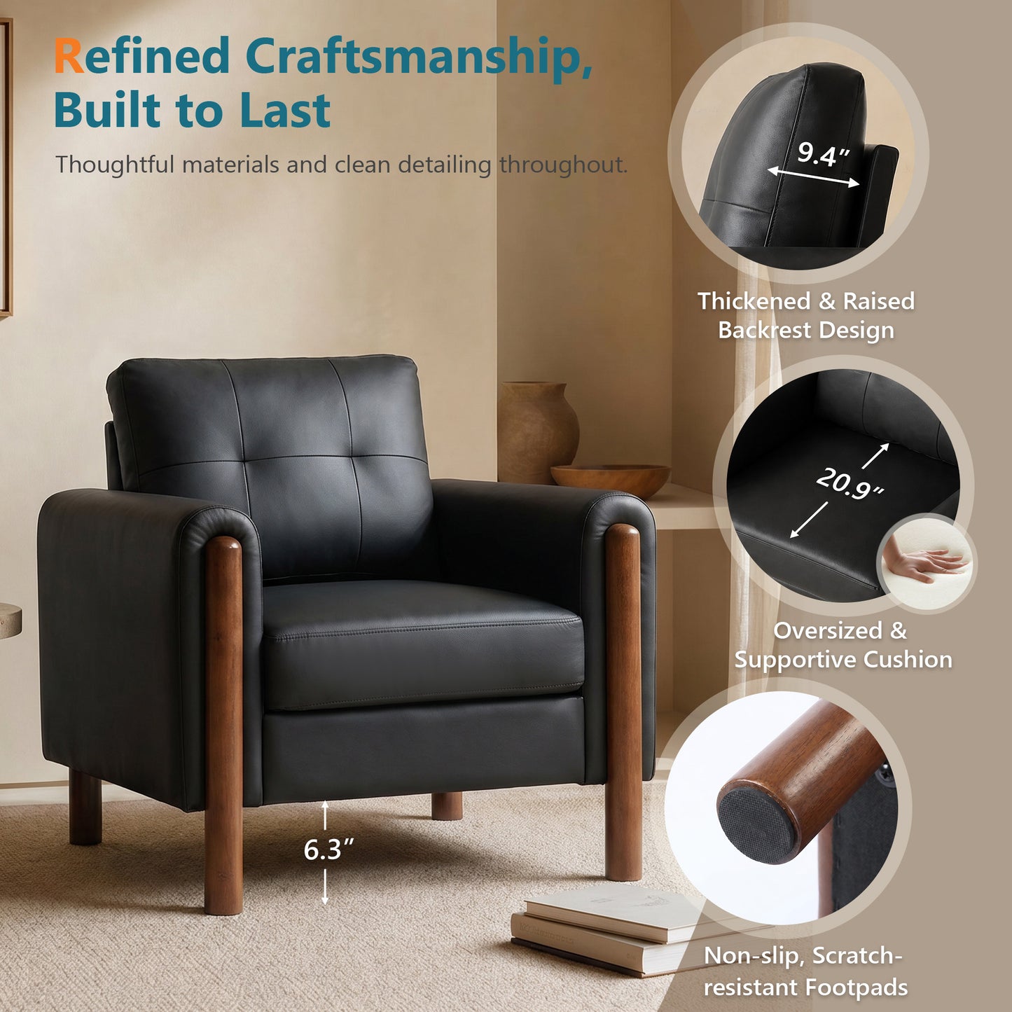 STHOUYN 35" Black Leather Oversized Accent Chair Set of 2 with Wood Armrests, Mid-Century Modern Tufted Living Room Chair, Comfy Reading Chair with Lumbar Support & Thick Cushion Waiting Room Office