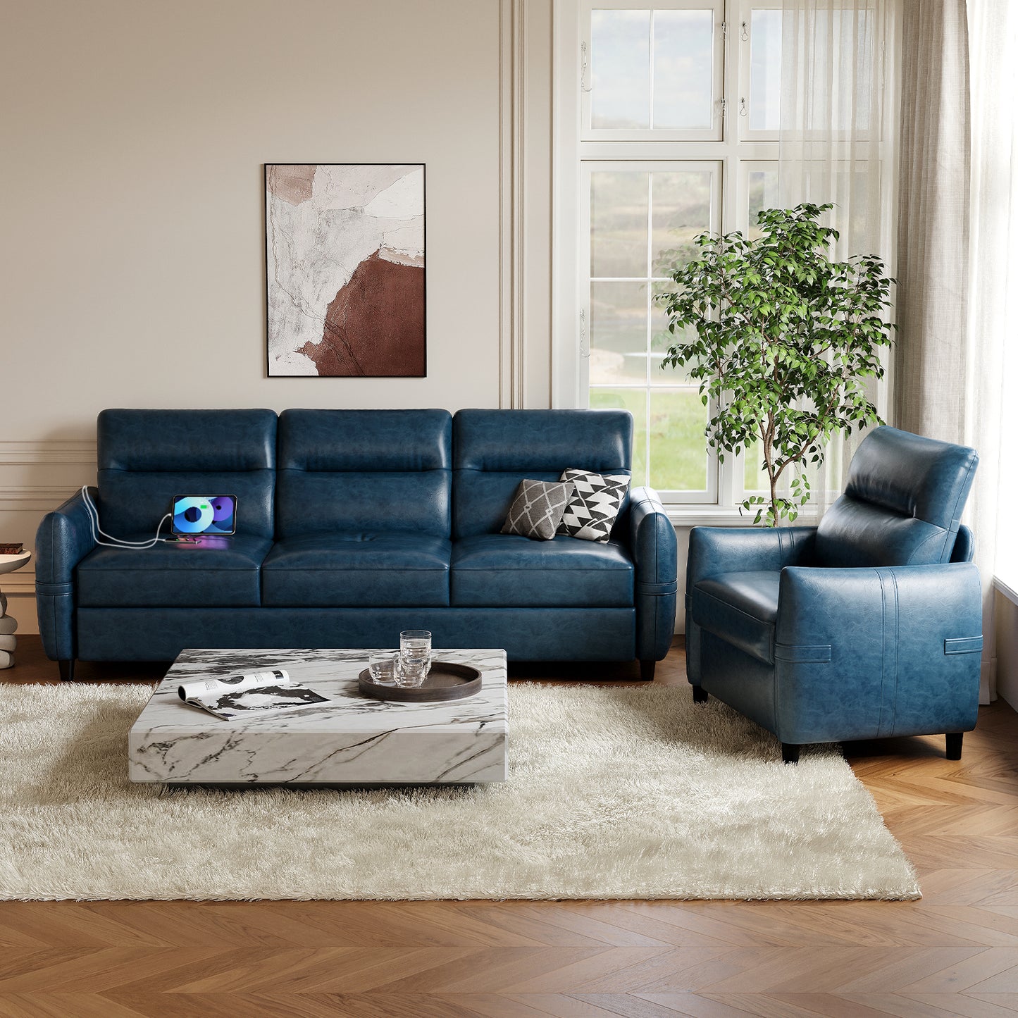 STHOUYN 85” Blue Faux Leather Couch with USB, 3 Seater Couch for Living Room, Large Mid Century Modern Office Sofa for Apartment, Bedroom