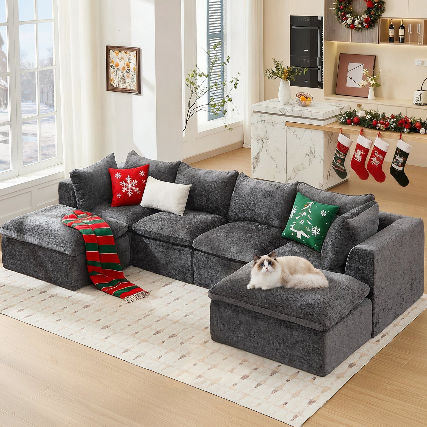 STHOUYN 145” Modern Grey Boneless Sectional Couches for Living Room, Grey Modular U Shape Cloud Sofa Couch with Ottoman, Comfy Big Oversized Corner Couch (Grey, 4 Seater + 2 Ottoman)