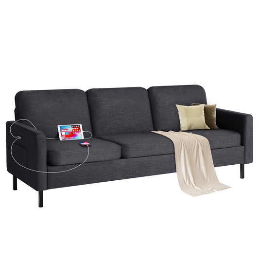 STHOUYN 72" W 3 Seater Couch with 2 USB, Comfy Grey Couch with 2 Pockets, Living Room Sofas with Reinforced Steel Frame, Cheap Sofas for Small Spaces, Dorm, Bedroom