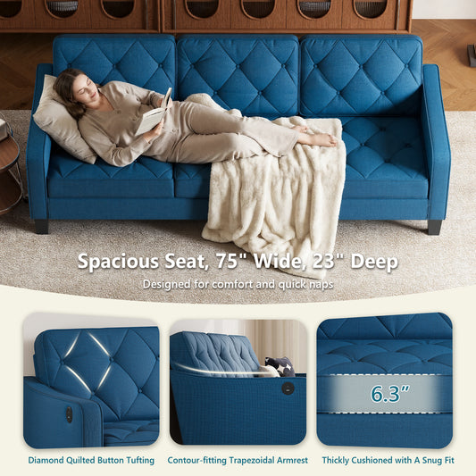STHOUYN 83” Mid Century Modern 3 Seater Couch, Comfy Blue Couch for Apartment Office Waiting Area, Small Couches for Living Room, Tufted Design (Blue)