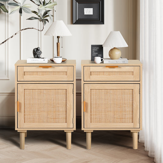 STHOUYN Rattan Nightstand Set of 2 with Drawers, Boho Night Stands Bed Side Tables Bedroom Set of 2, Oak Rattan Nightstands Small Space (Natural Rattan)