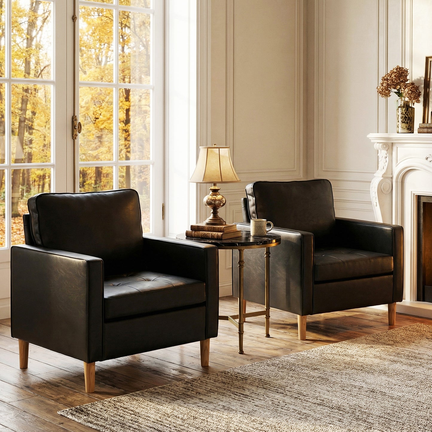 STHOUYN Comfy Reading Accent Chair for Living Room, Black Leather Oversized Accent Lobby Chairs Set of 2, Office Waiting Room Chairs with Arms, Club Chairs (Black, 2PCS)