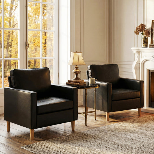STHOUYN Comfy Reading Accent Chair for Living Room, Black Leather Oversized Accent Lobby Chairs Set of 2, Office Waiting Room Chairs with Arms, Club Chairs (Black, 2PCS)