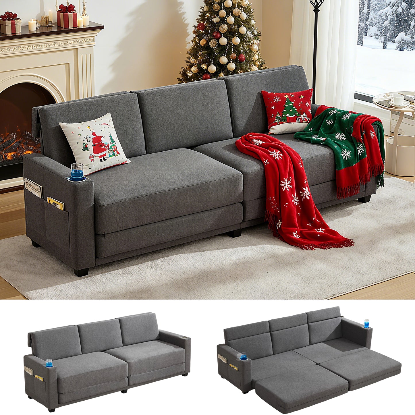 STHOUYN 89” Sleeper Sofa Bed, Grey 3 Seat Office Couch, Comfy Folding Pullout Floor Couch for Bedroom Living Room, Convertible Guest Bed with Cup Holders & Side Pockets, Modern Linen Fabric (Grey)