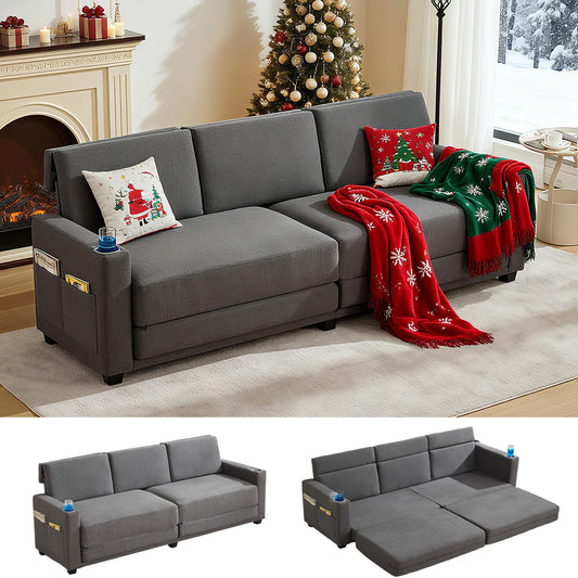 STHOUYN 89” Sleeper Sofa Bed, Grey 3 Seat Office Couch, Comfy Folding Pullout Floor Couch for Bedroom Living Room, Convertible Guest Bed with Cup Holders & Side Pockets, Modern Linen Fabric (Grey)