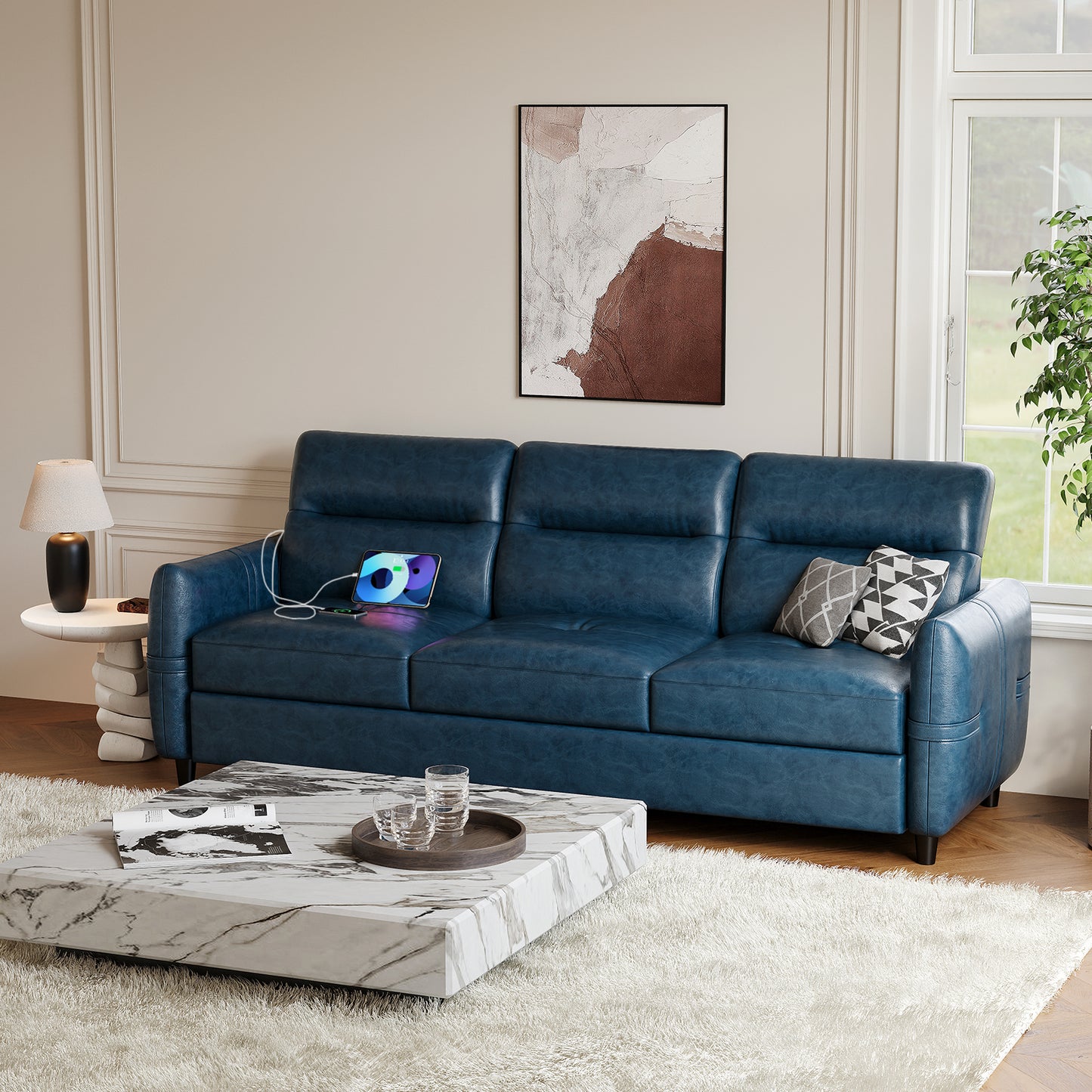 STHOUYN 85” Blue Faux Leather Couch with USB, 3 Seater Couch for Living Room, Large Mid Century Modern Office Sofa for Apartment, Bedroom