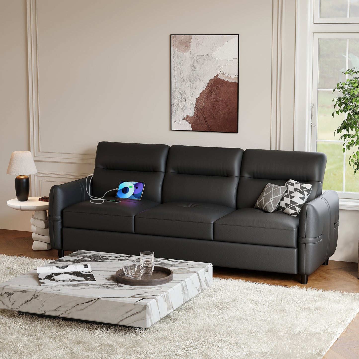 STHOUYN 85” Black Faux Leather Couch with USB, 3 Seater Couch for Living Room, Large Mid Century Modern Office Sofa for Apartment, Bedroom