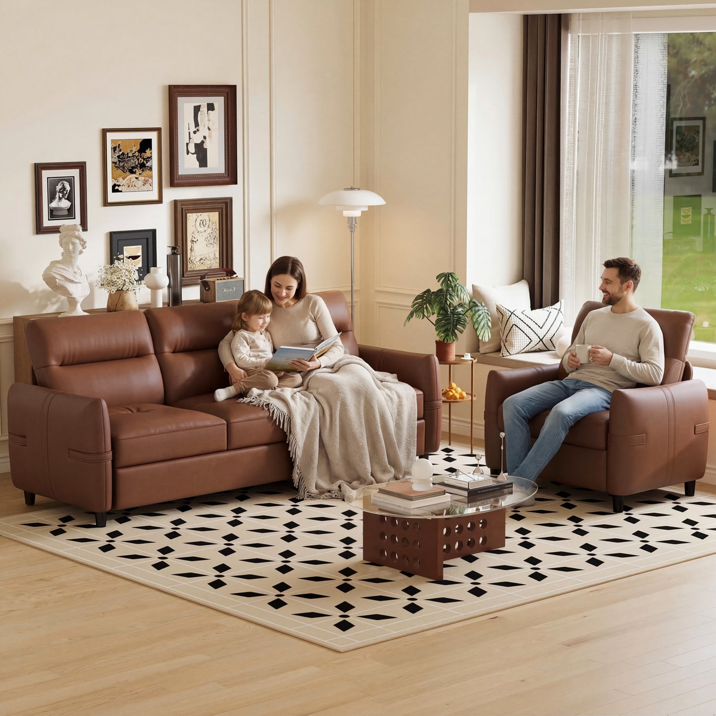 STHOUYN Oversized Leather Accent Chairs for Living Room, Comfy Upholstered Deep Seat Armchair for Adults, Mid Century Modern Arm Chair for Office, Bedroom, Apartment, Reading & Waiting Room (2, Brown)