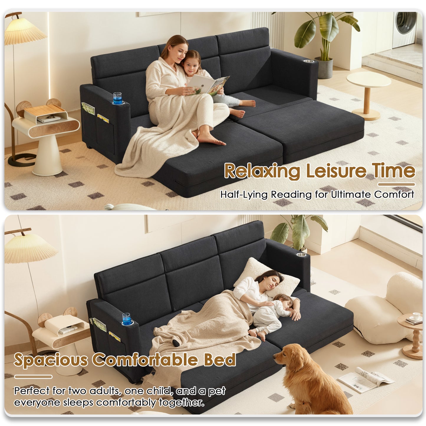 STHOUYN 89” Sleeper Sofa Bed, Black 3 Seat Office Couch, Comfy Folding Pullout Floor Couch for Bedroom Living Room, Convertible Guest Bed with Cup Holders & Side Pockets, Modern Linen Fabric (Black)