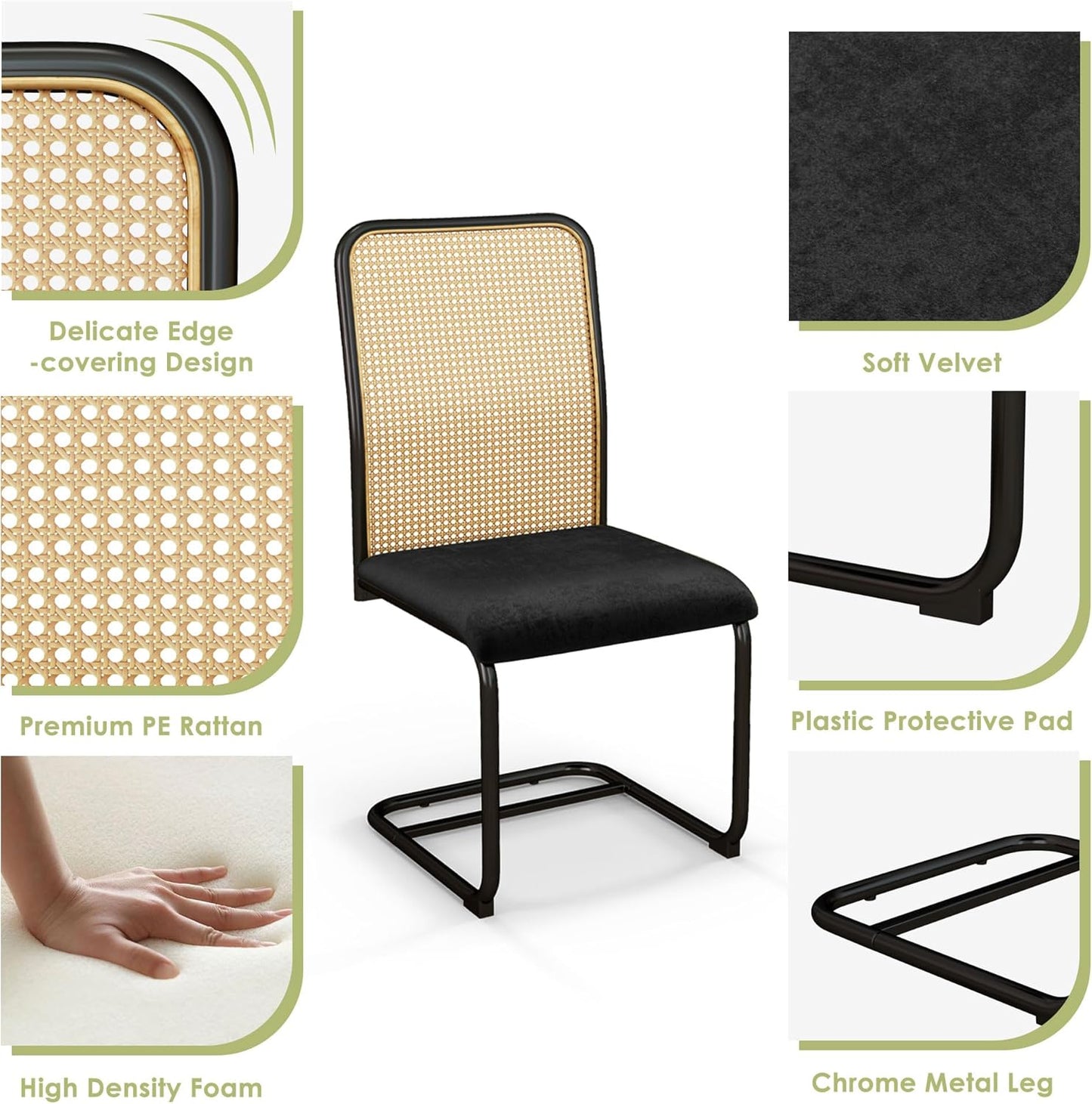 STHOUYN Velvet Rattan Dining Chairs Set of 4, Mid Century Modern Dining Chairs Set of 4, Black Kitchen Chairs Dining Room Chair with Metal Legs & Cane Back