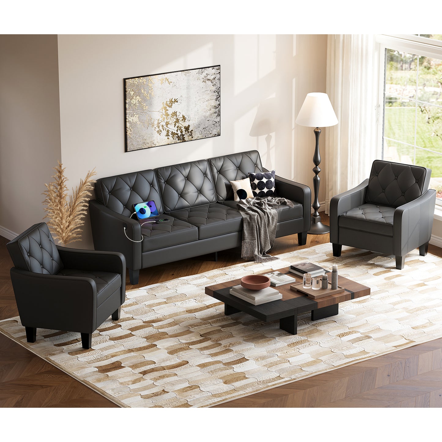 83” Black Faux Leather Couches for Living Room, Comfy 3 Seater Couch, Mid Century Sofa with Tufted Design, Office, or Waiting Area (Black) (Black Leather) (Black (Leather))