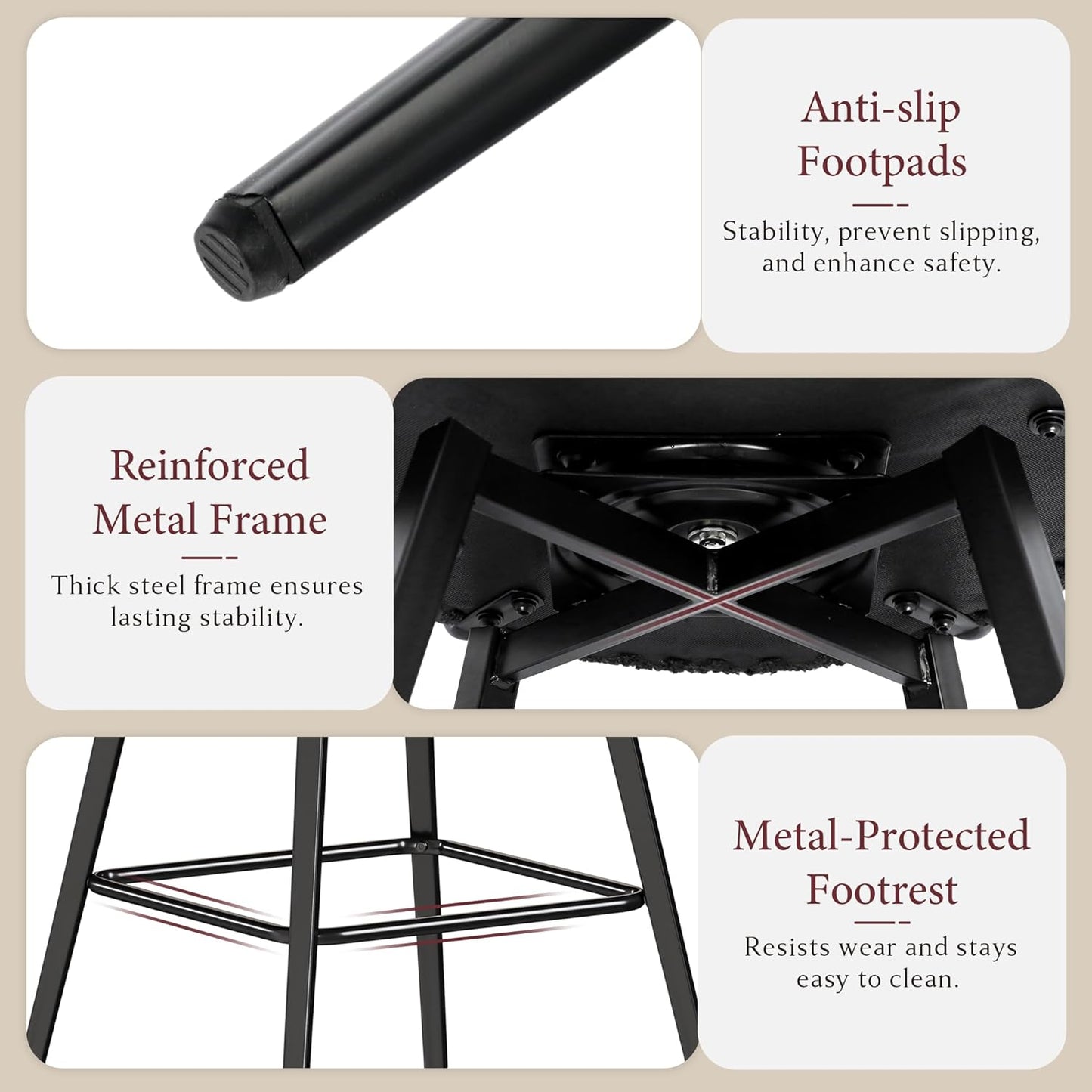 STHOUYN 26” Black Swivel Bar Stools Set of 2, Modern Boucle Counter Height Bar Stools with High Back and Metal Legs, Upholstered Bar Chairs Barstools for Kitchen Island, Dining Room (2, Black)