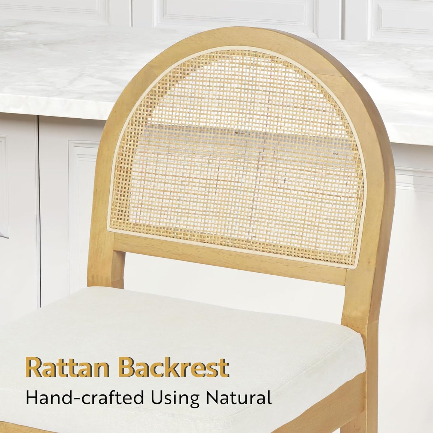 STHOUYN Upholstered Rattan Bar Stools Set of 2, Wooden Counter Height Stools with Natural Rattan Woven Back and Chenille Seat, Mid-Century Modern Island Chairs Barstools for Kitchen (2, Cream White)