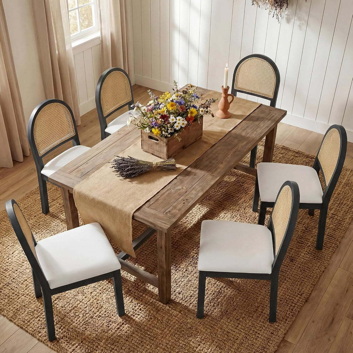 STHOUYN Upholstered Rattan Dining Chairs Set of 6, Farmhouse Wooden Kitchen Chairs