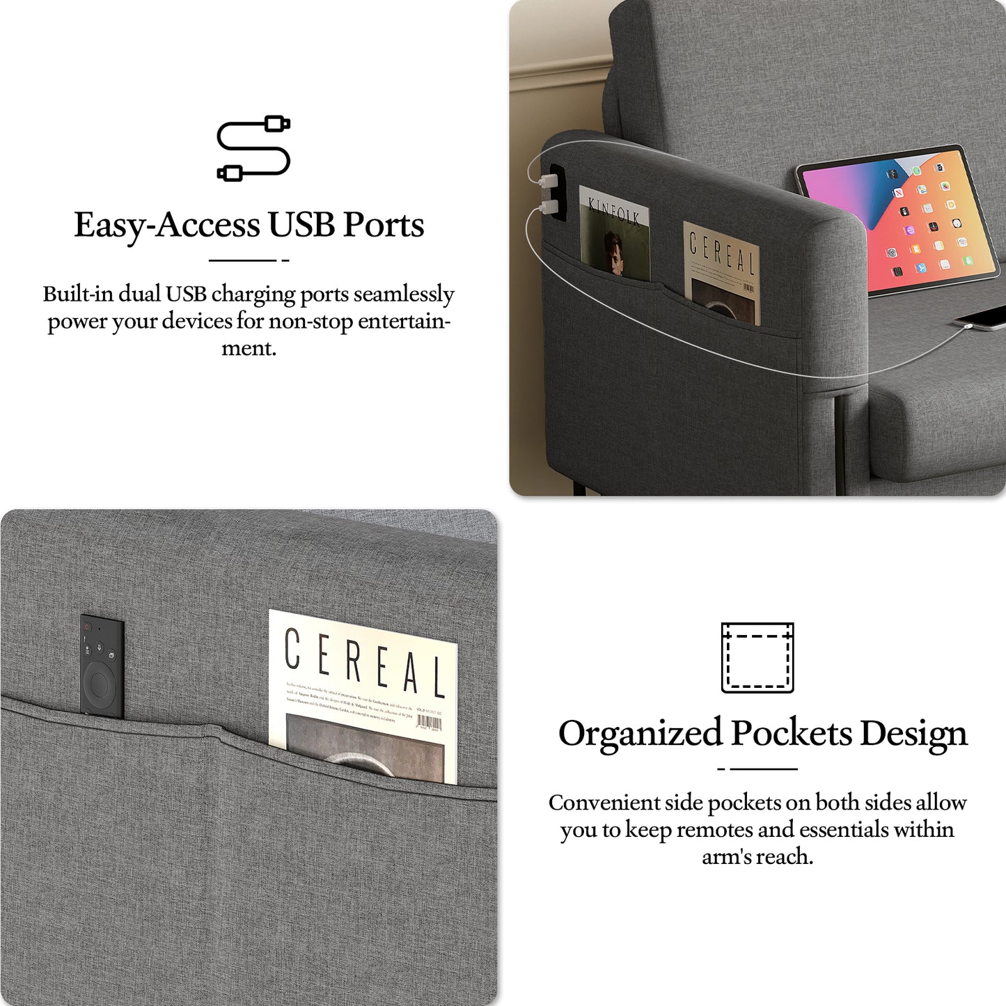 STHOUYN Small Grey Love Seat Couches with USB Port & Side Pocket, Small Loveseat for Small Spaces, Mini Sofa for Bedroom, 2 Seater Office Couch (Dark Grey)