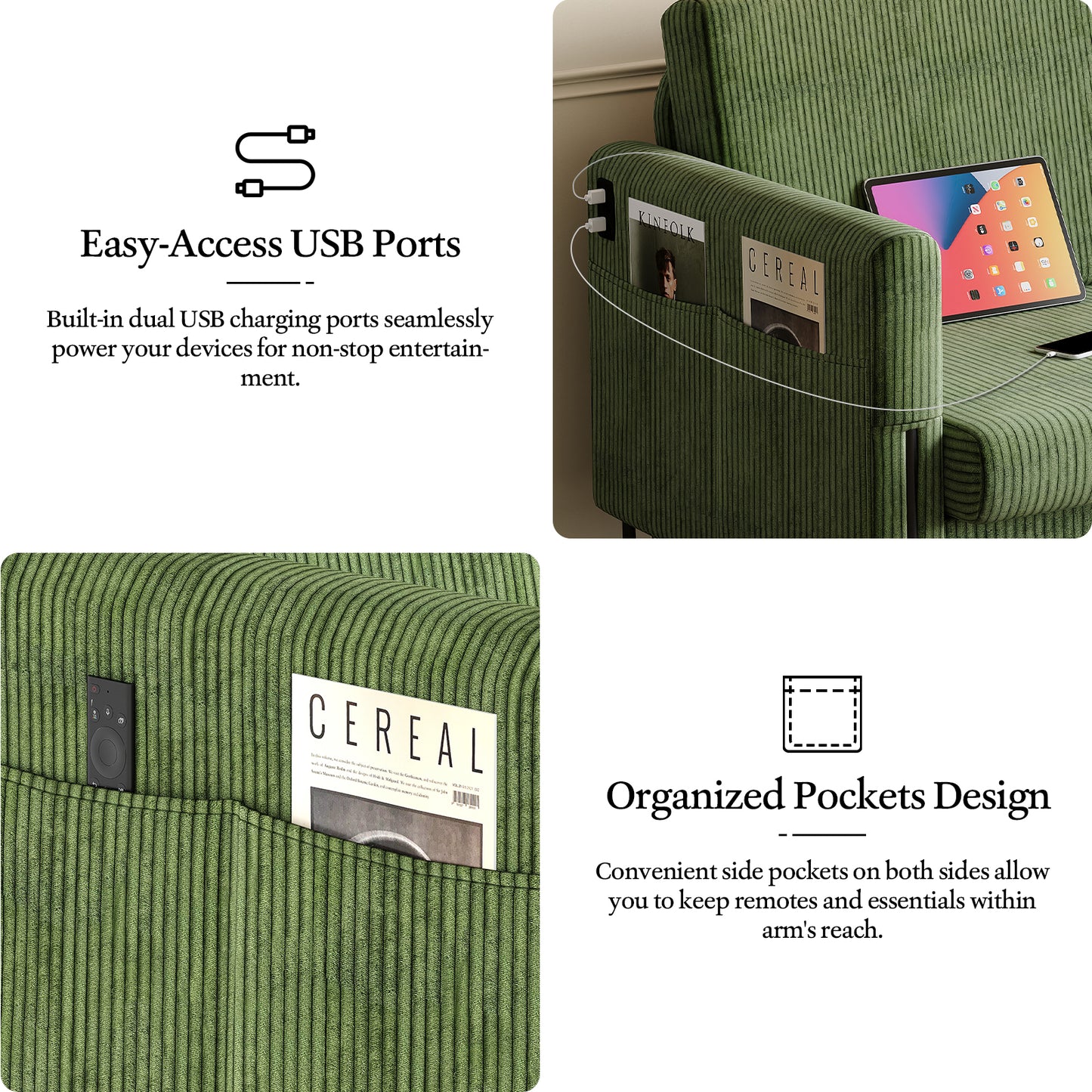 STHOUYN Small Green Love Seat Couches with USB Port & Side Pocket, Small Loveseat for Small Spaces, Mini Sofa for Bedroom, 2 Seater Office Couch (Green)