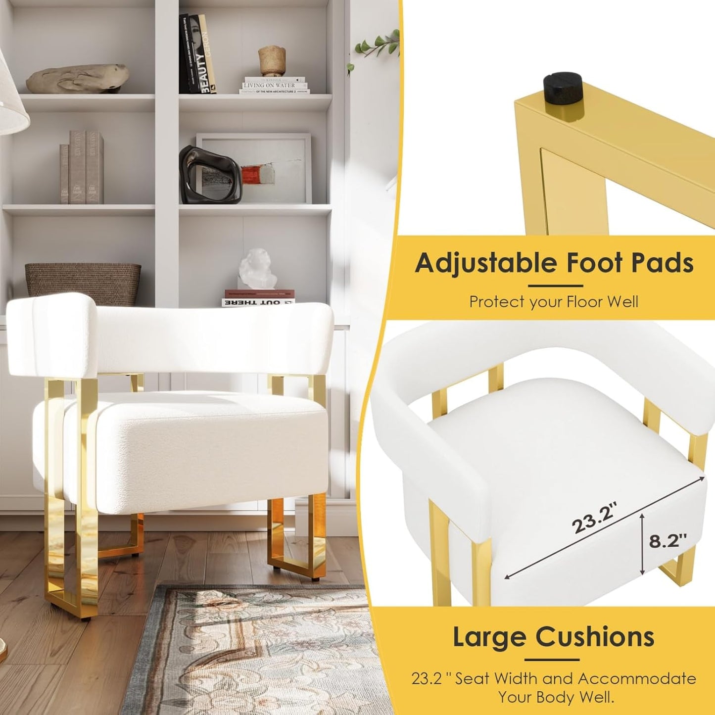STHOUYN Modern White Boucle Dining Chairs Set of 4 with Gold Metal Legs, Mid Century Barrel Kitchen Chairs Set, Upholstered Accent Armchairs Dining Room Set, Living Room, Apartment (White, 4pcs)