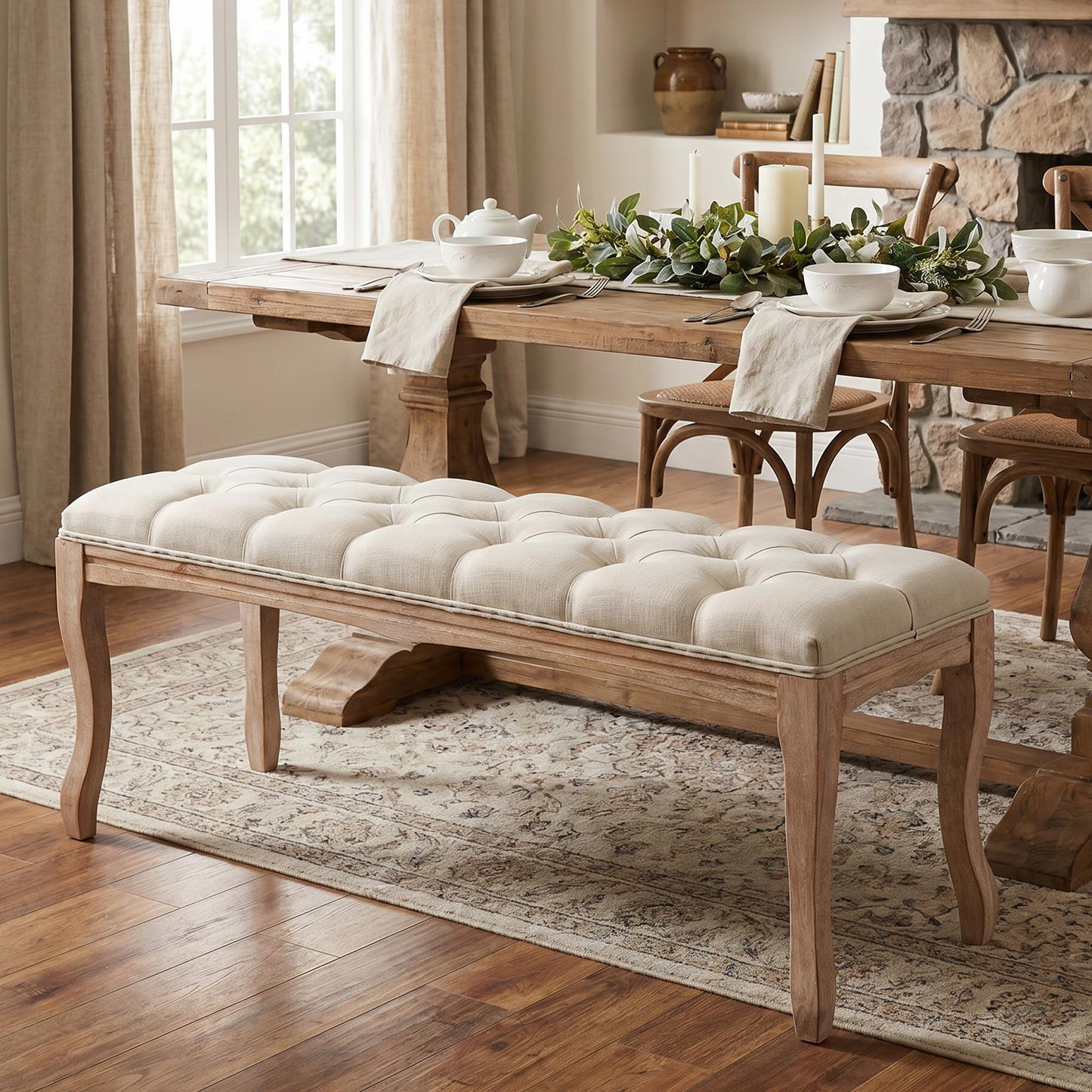 STHOUYN 43" Tufted Linen Dining Bench, Upholstered, Wood Cabriole Legs, Ivory