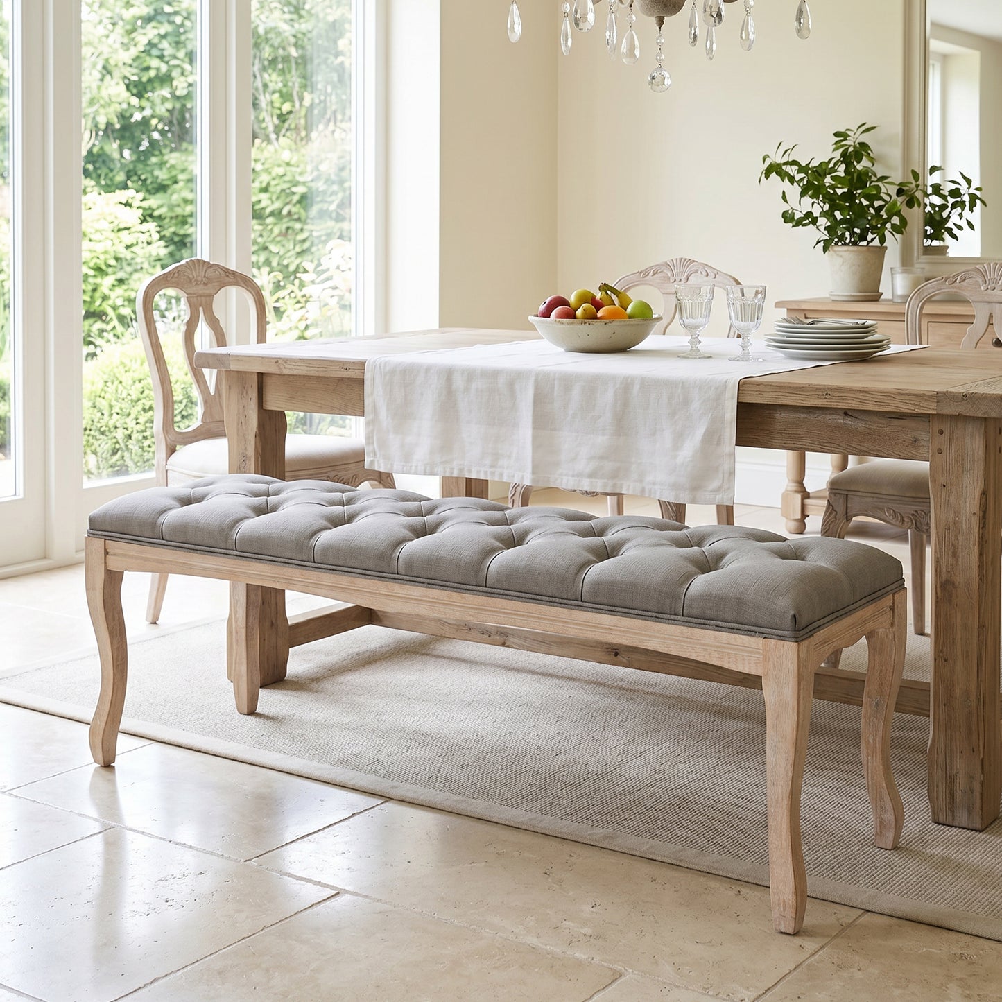 STHOUYN 43" Tufted Linen Dining Bench, Upholstered, Wood Cabriole Legs, Gray