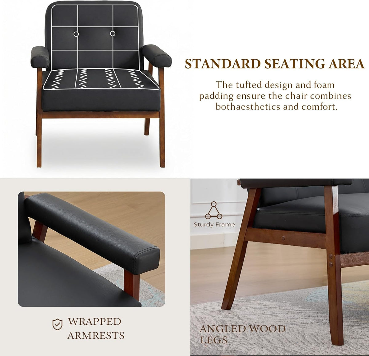 STHOUYN Upholstered Accent Chair, Black Leather Chair with Wooden Legs | Wood Frame, Reading Arm Chair, Mid-Century Modern, Comfy, Living Room, Waiting Room