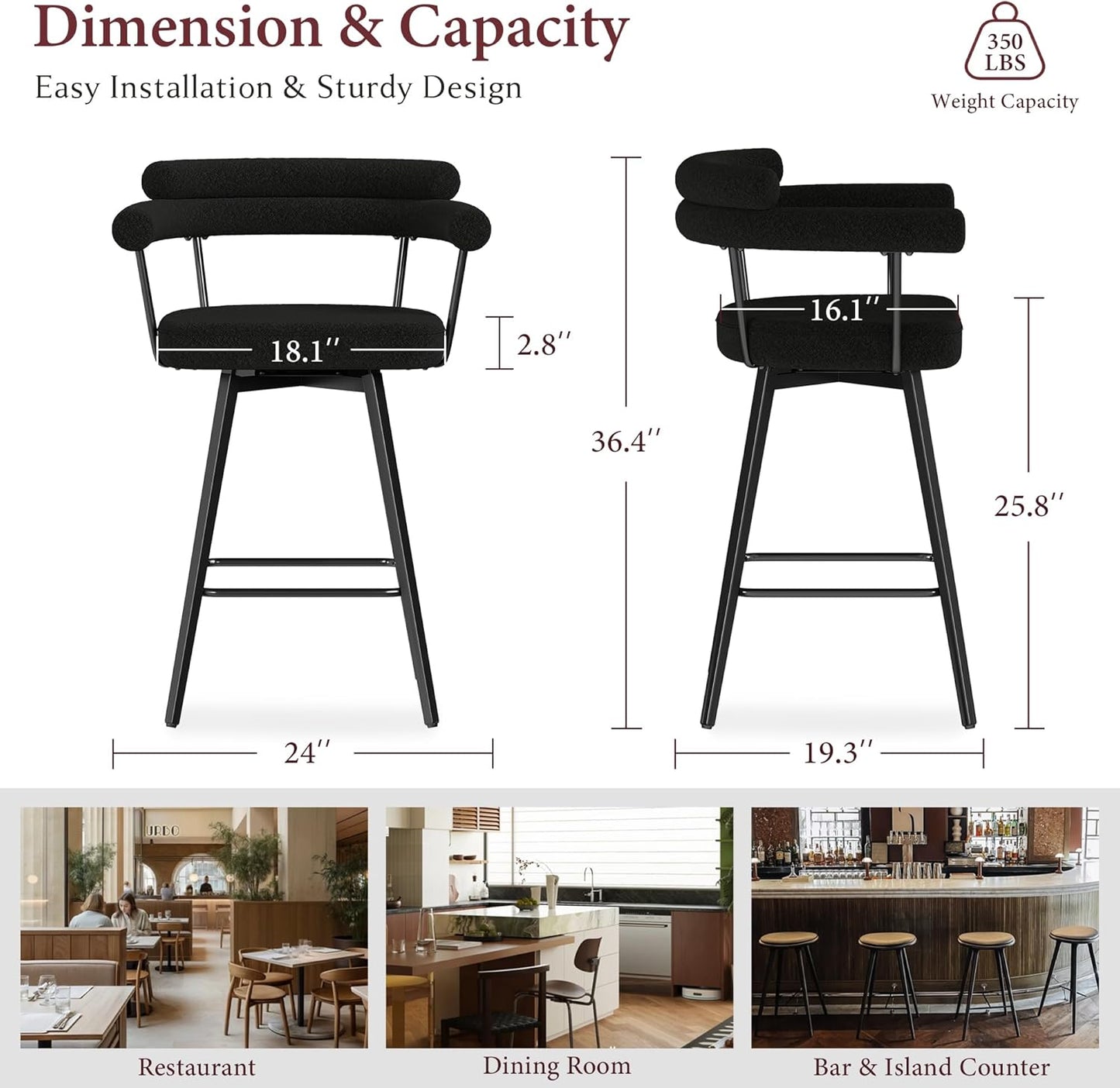STHOUYN 26” Black Swivel Bar Stools Set of 4, Modern Boucle Counter Height Bar Stools with High Back and Metal Legs, Upholstered Bar Chairs Barstools for Kitchen Island, Dining Room (4, Black)