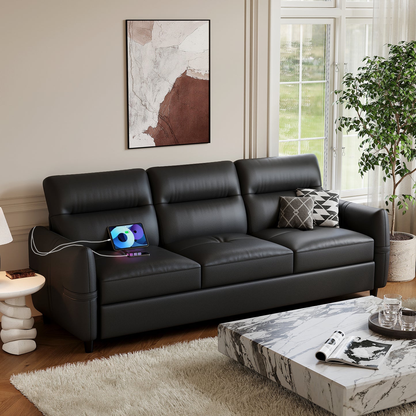 STHOUYN 85” Black Faux Leather Couch with USB, 3 Seater Couch for Living Room, Large Mid Century Modern Office Sofa for Apartment, Bedroom