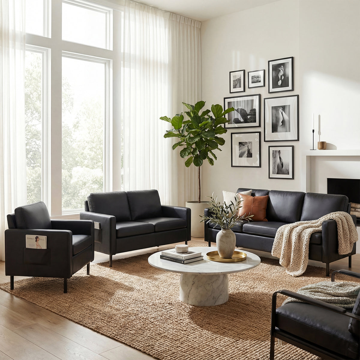 STHOUYN 3 Piece Faux Leather Couch Chair, Living Room Set Office Lobby Furniture
