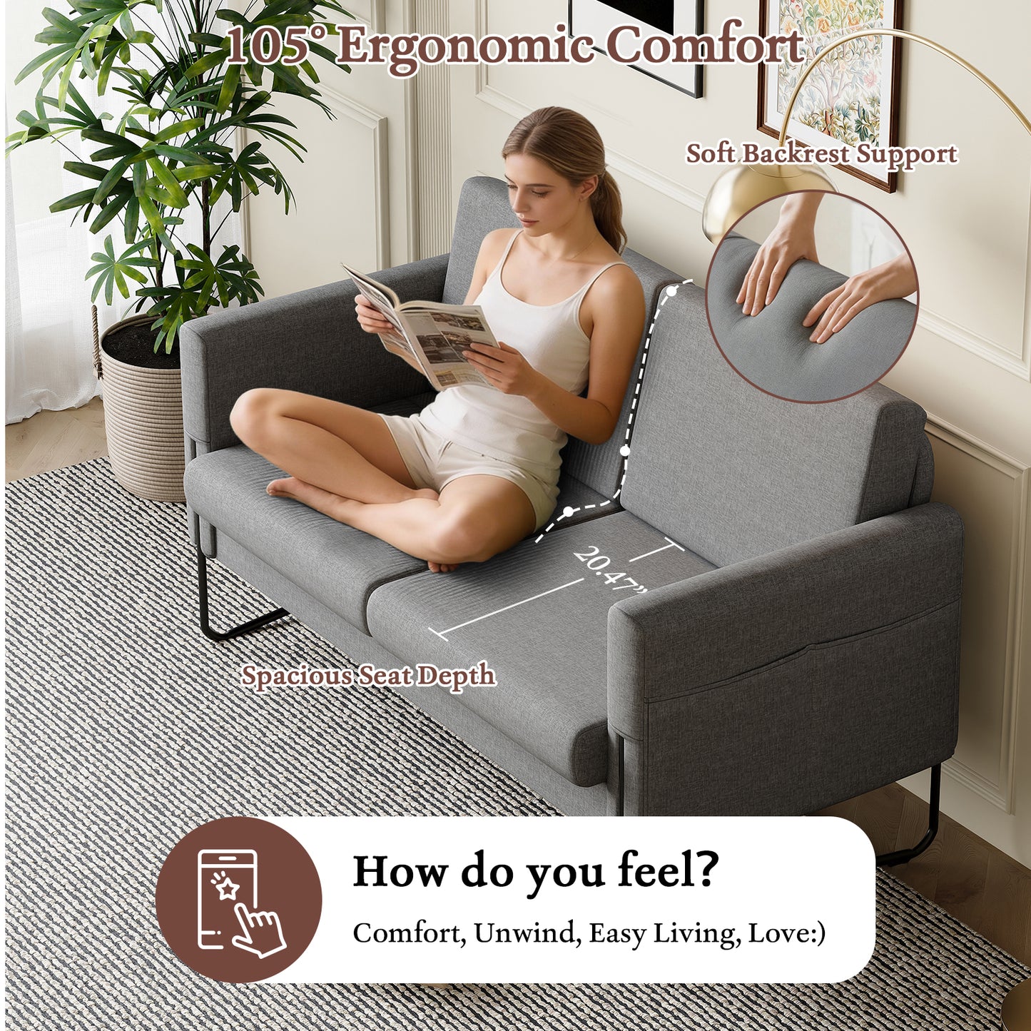 STHOUYN Small Grey Love Seat Couches with USB Port & Side Pocket, Small Loveseat for Small Spaces, Mini Sofa for Bedroom, 2 Seater Office Couch (Dark Grey)