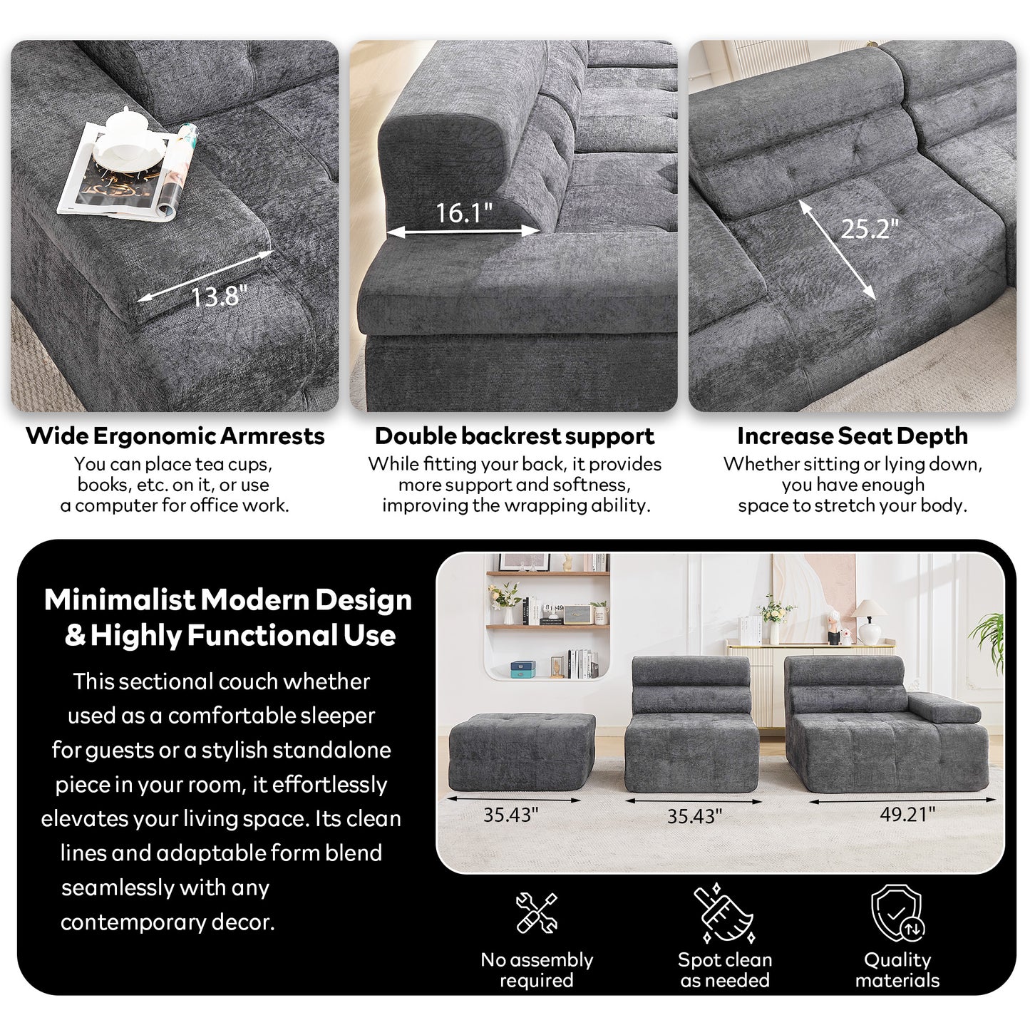 STHOUYN 134" Modular Cloud Sofa Sectional U Couch with Ottoman & Higher Backrest, Modern Boneless Couches for Living Room Set Corner Sofa (Grey, 134 Inches)