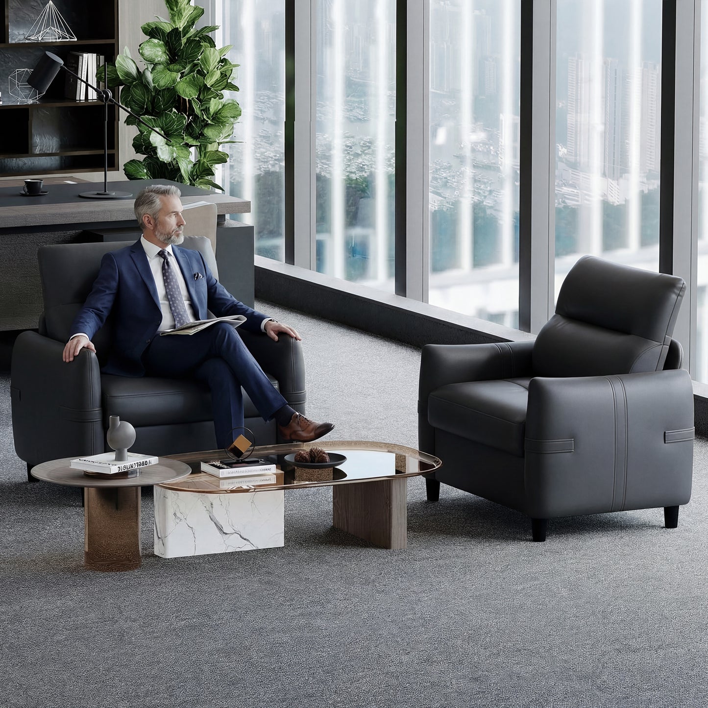 STHOUYN Oversized Leather Accent Chairs for Living Room, Comfy Upholstered Deep Seat Armchair for Adults, Mid Century Modern Arm Chair for Office, Bedroom, Apartment, Reading & Waiting Room (2, Black)
