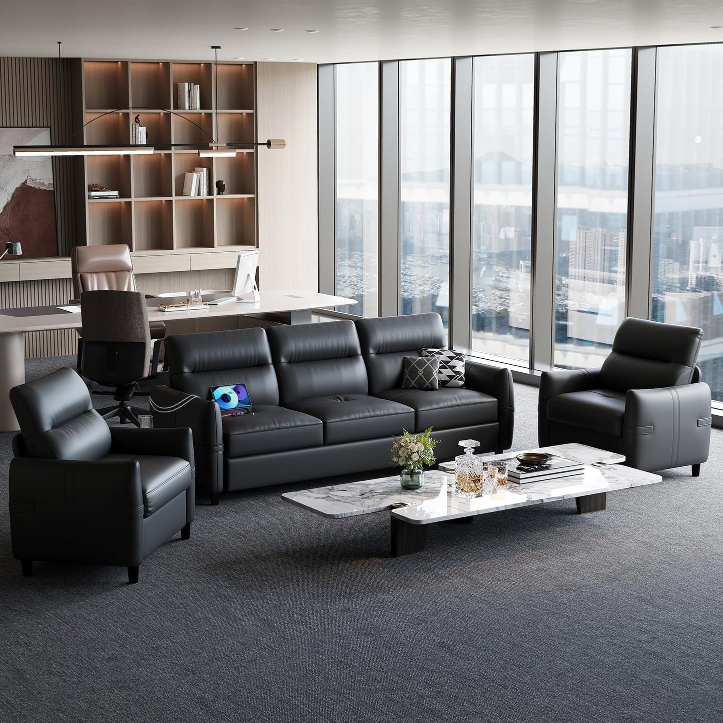 85” Black Faux Leather Couch with USB, 3 Seater Couch for Living Room, Large Mid Century Modern Office Sofa for Apartment, Bedroom