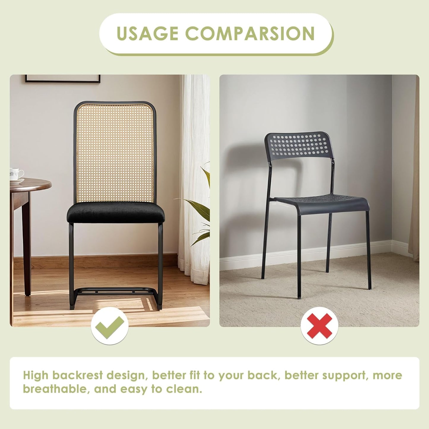 STHOUYN Velvet Rattan Dining Chairs Set of 4, Mid Century Modern Dining Chairs Set of 4, Black Kitchen Chairs Dining Room Chair with Metal Legs & Cane Back