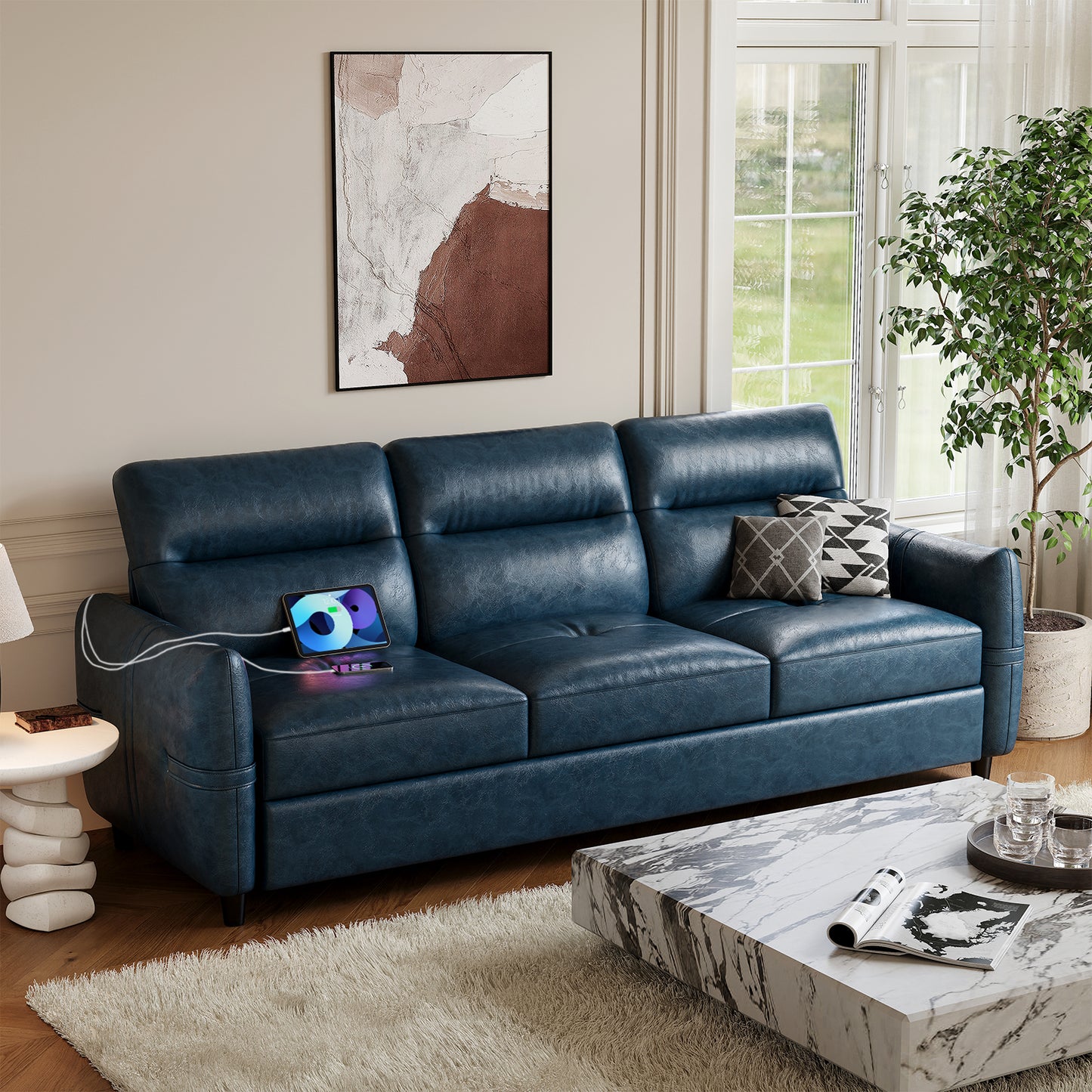 STHOUYN 85” Blue Faux Leather Couch with USB, 3 Seater Couch for Living Room, Large Mid Century Modern Office Sofa for Apartment, Bedroom