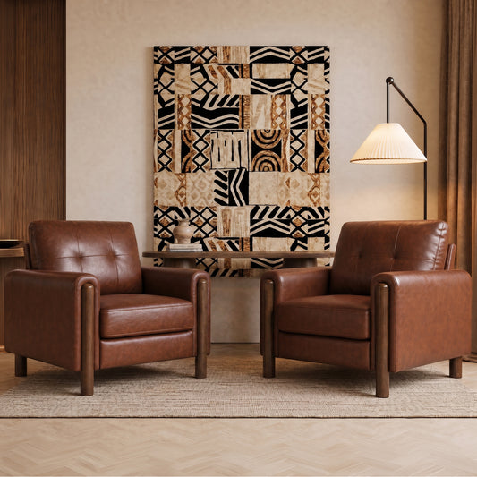 STHOUYN 35" Brown Leather Oversized Accent Chair Set of 2 with Wood Armrests, Mid-Century Modern Tufted Living Room Chair, Comfy Reading Chair with Lumbar Support & Thick Cushion Waiting Room Office