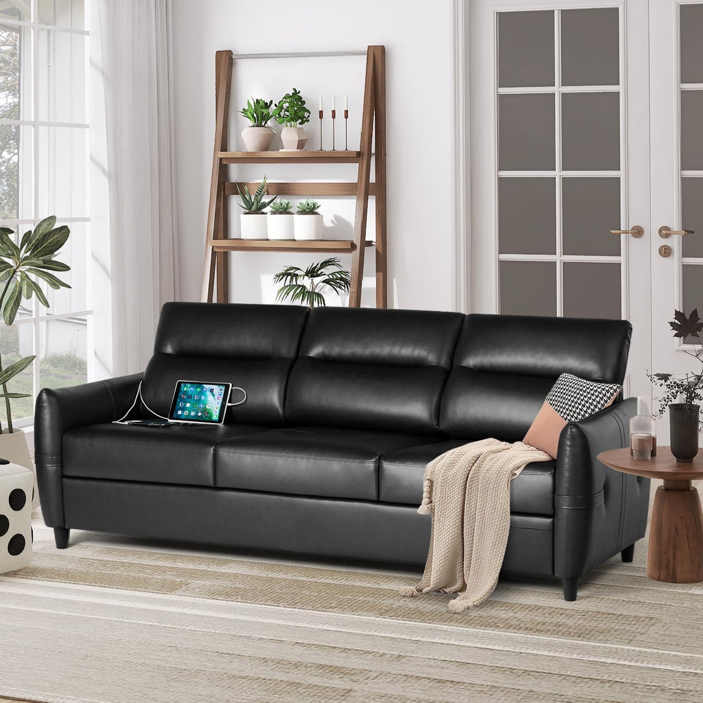 85'' Black Faux Leather 3-Seater Couch with USB, Large Living Room Sofa | STHOUYN, Mid-Century Modern, Comfy Seating, Office, Apartment, Bedroom, Wide Arms