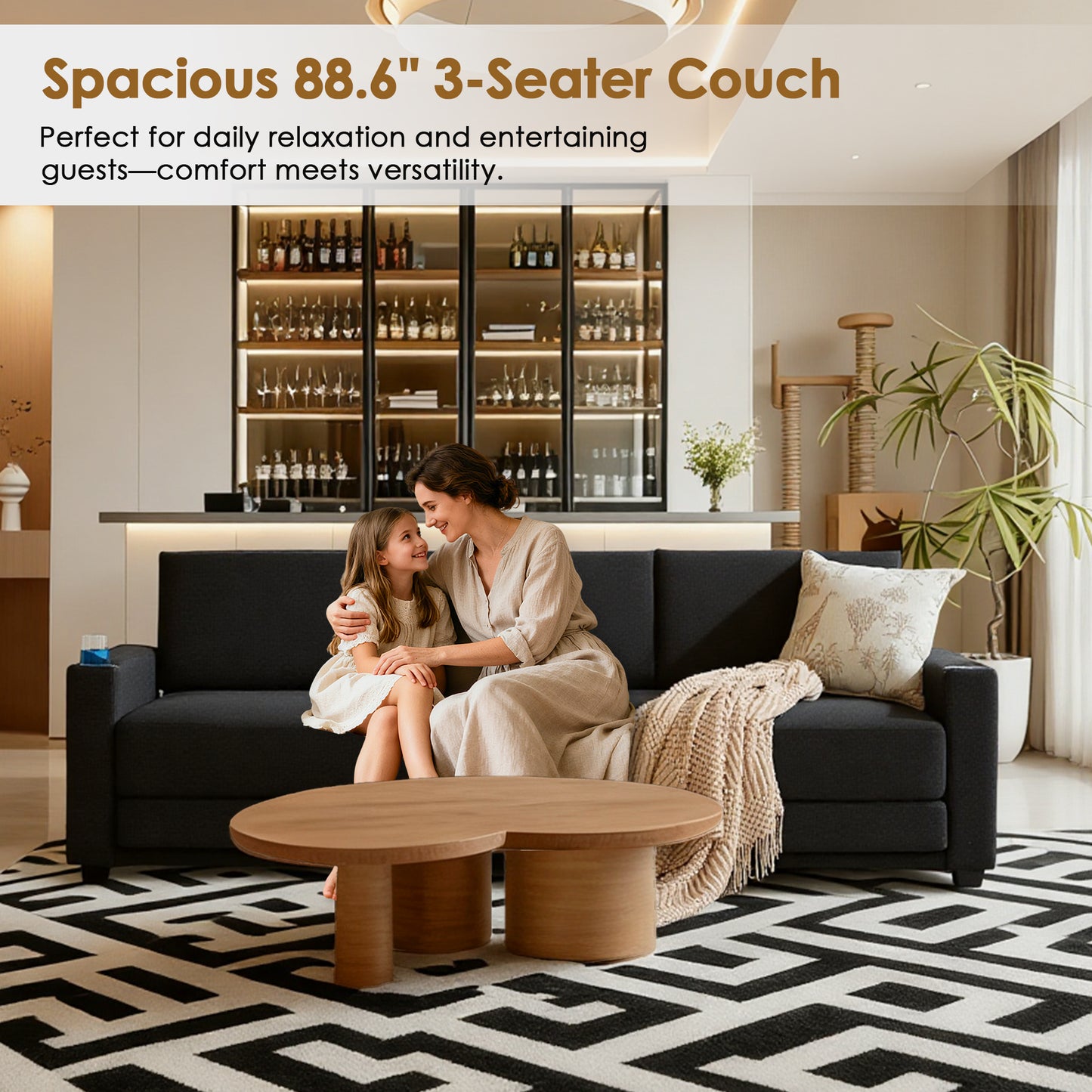 STHOUYN 89” Sleeper Sofa Bed, Black 3 Seat Office Couch, Comfy Folding Pullout Floor Couch for Bedroom Living Room, Convertible Guest Bed with Cup Holders & Side Pockets, Modern Linen Fabric (Black)