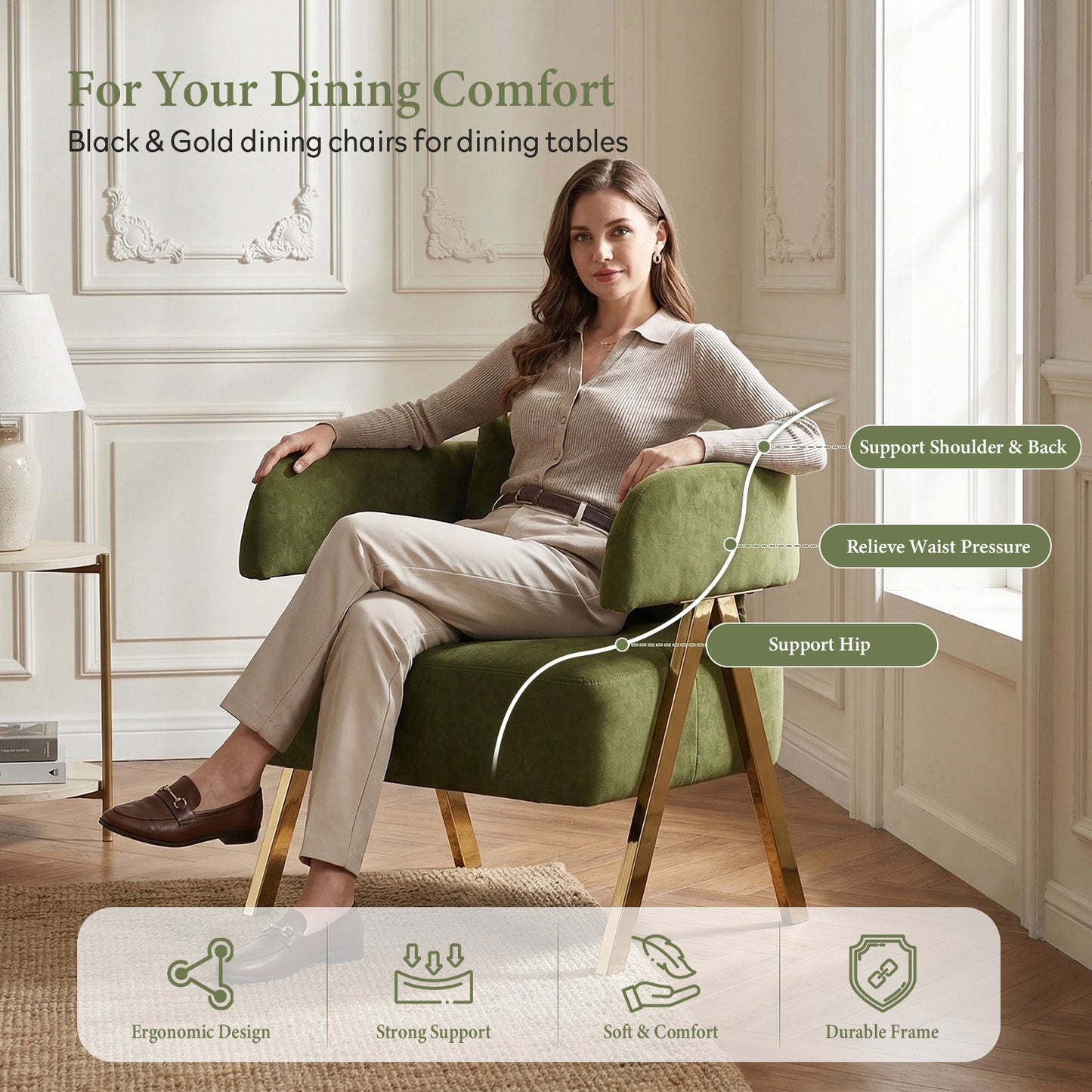 STHOUYN Modern Green Dining Chairs Set of 4 for Kitchen, Velvet Upholstered Kitchen Chairs for Dinning Room, Barrel Chairs for Dining Table with Golden Metal Legs (Green, 4 PCS)