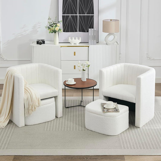 STHOUYN Barrel Accent Chair with Storage Ottoman, Comfy Reading Chair with Ottoman, Bedroom Corner Chair Bucket Arm Chairs, Living Room Chairs (2, White)