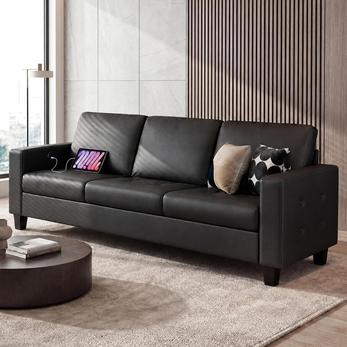 73” Black Faux Leather Couch, Comfy 3 Seater Sofa | STHOUYN, Modern, Tufted Armrest, USB Charger, Small, Living Room, Office, Apartment, Bedroom