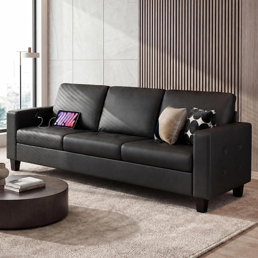 73” Black Faux Leather Couch, Comfy 3 Seater Sofa | STHOUYN, Modern, Tufted Armrest, USB Charger, Small, Living Room, Office, Apartment, Bedroom