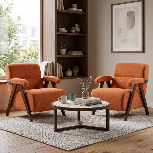 Mid Century Modern Accent Chair with Wood Armrests Set of 2 | Ergonomic Backrest, Upholstered Lounge Chair, Living Room & Bedroom, Office & Waiting Room, Comfy Reading Chair