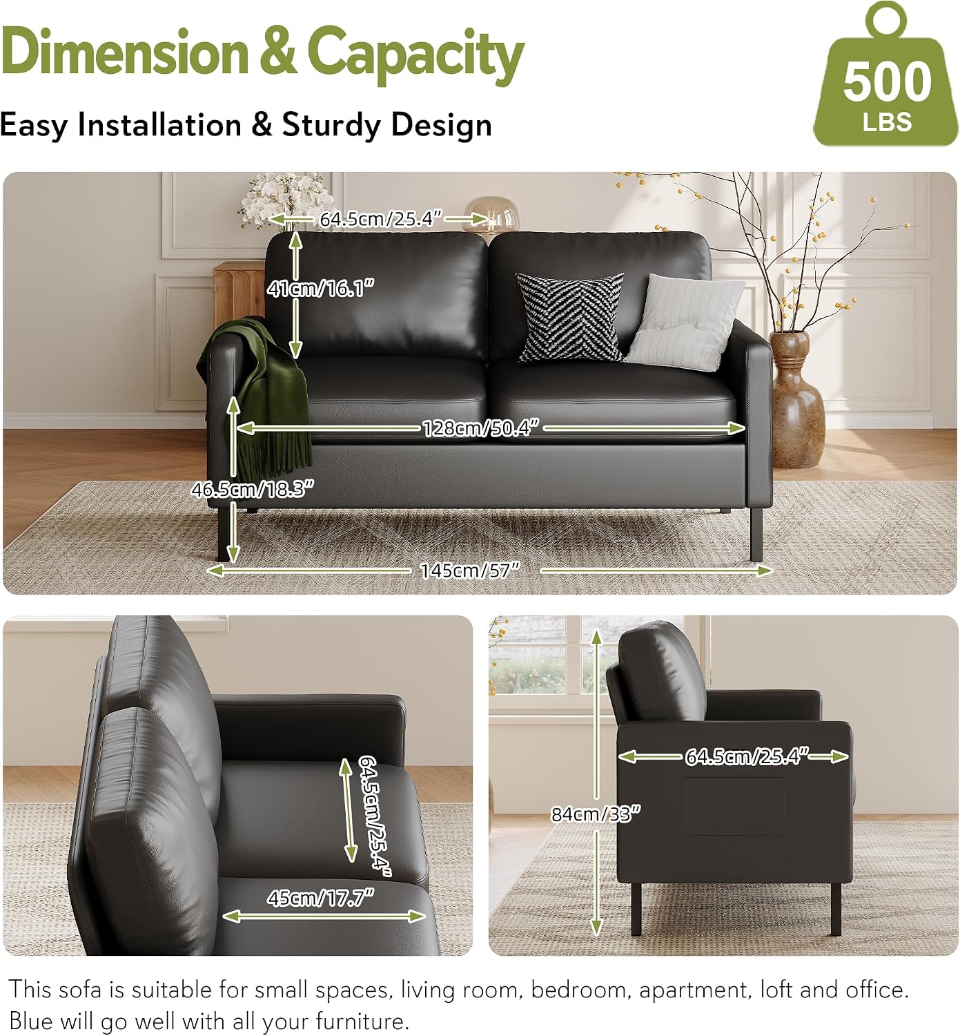 STHOUYN  56'' Black Faux Leather Loveseat Small Couch with USB for Living Room Sofa, 2 USB Charging Ports, Side Pockets, Love Seat, Small Sofa, Modern Design, Bedroom, Apartment, Dorm, Compact Spaces