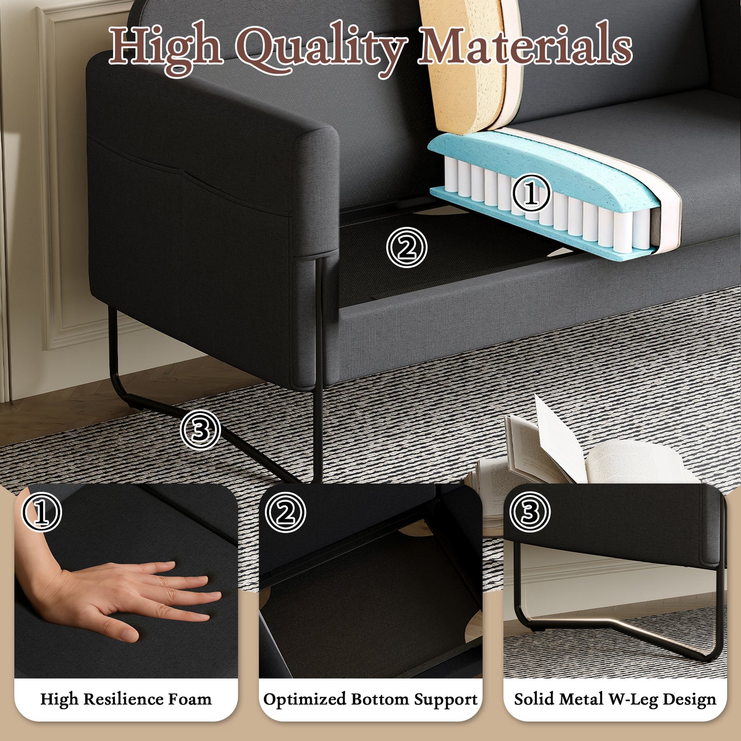 STHOUYN Small Black Love Seat Couches with USB Port & Side Pocket, Small Loveseat for Small Spaces, Mini Sofa for Bedroom, 2 Seater Office Couch (Black)