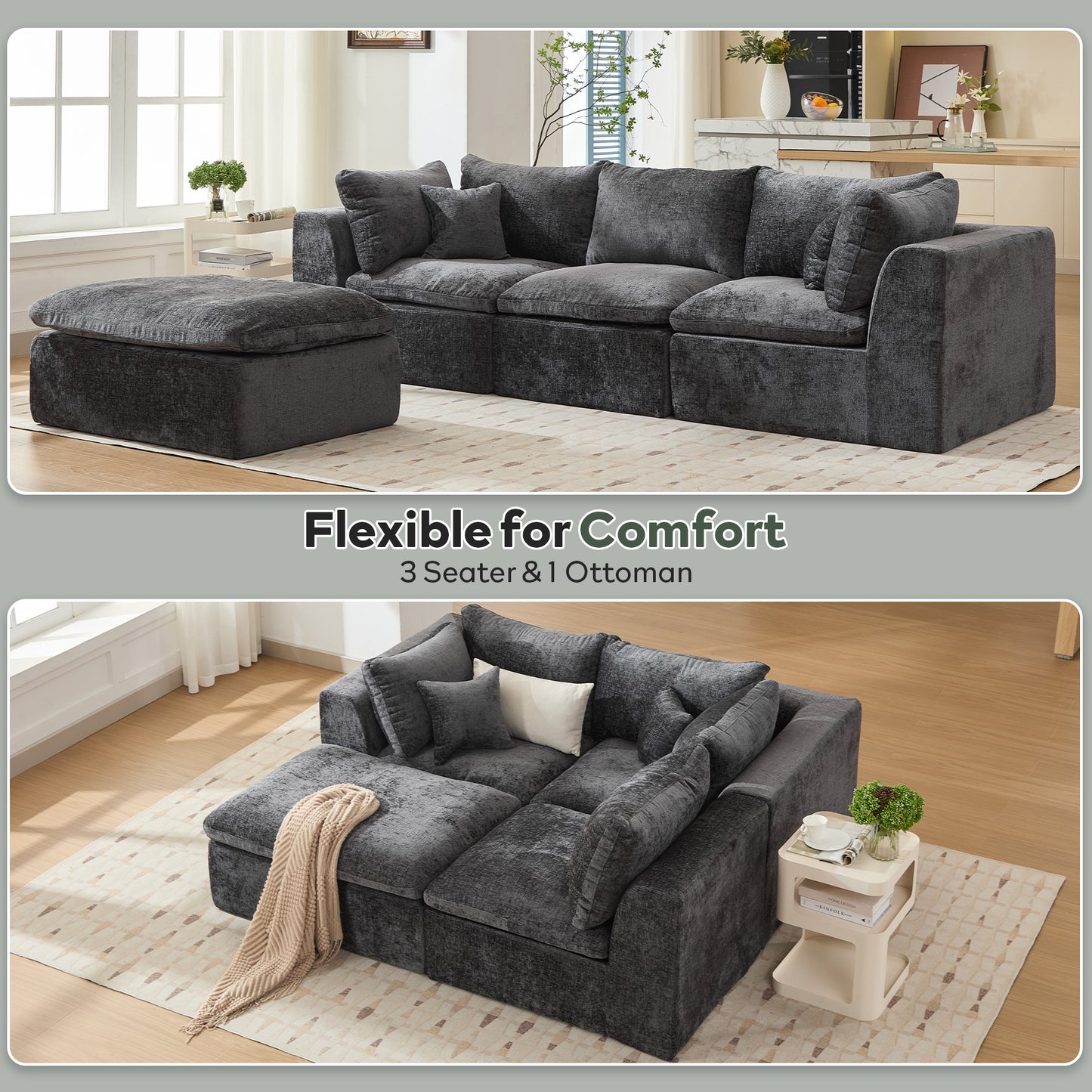 STHOUYN 113” Modern Grey Boneless Sectional Couches for Living Room, Grey Modular L Shape Cloud Sofa Couch with Ottoman, Comfy Big Oversized Corner Couch (Grey, 3 Seater + 1 Ottoman)